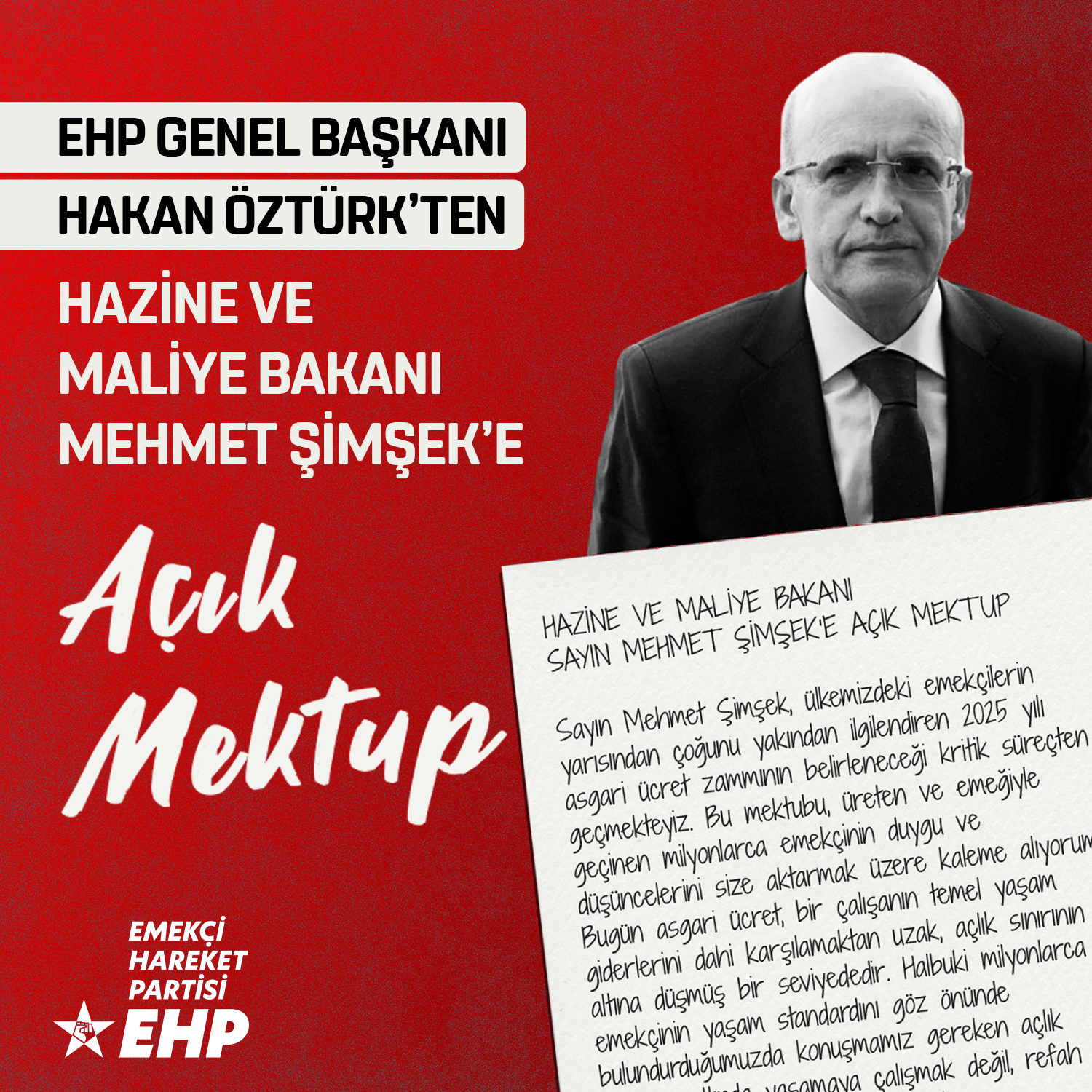 HAZİNE VE MALİYE BAKANI  SAYIN MEHMET ŞİMŞEK’E AÇIK MEKTUP